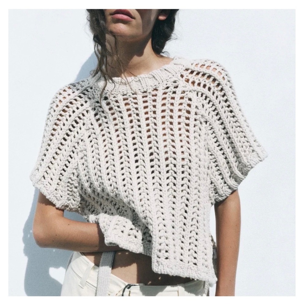 Zara Chunky Open Knit Sweater sz S Side Ties bows minimalist coastal boho‎ chic
